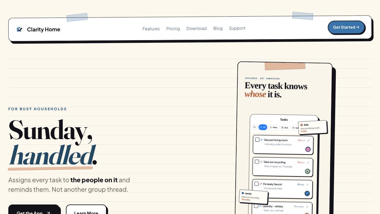Clarity Home Living homepage showcasing the Clarity Home household task app